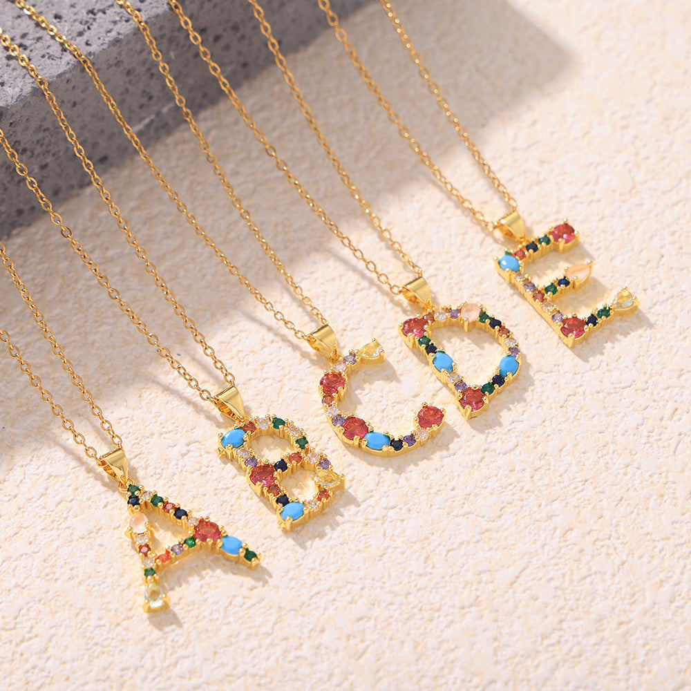 Wholesale Copper micro-inlaid colored zircon 26 English letters individual pendant niche hip-hop clavicle chain